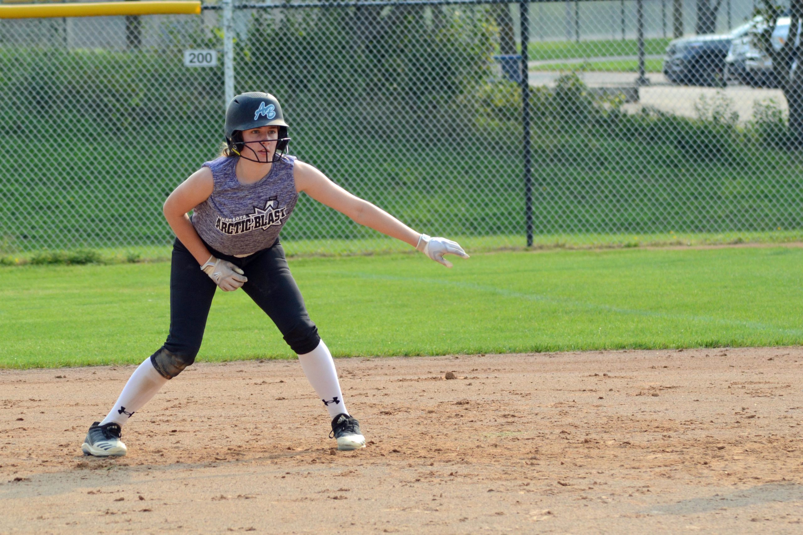 Genna Streed leads off first base during the Mandy Matula Memorial Tournament on Sept. 11, 2021