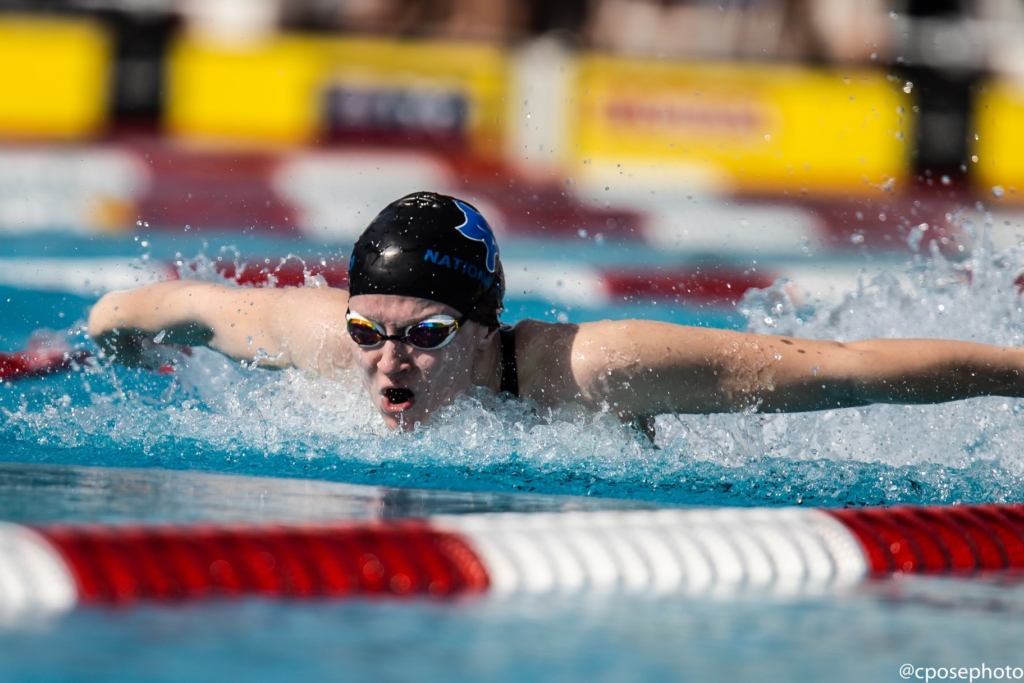 Caroline Larsen competing in the butterfly at the 2023 TYR Pro Series meet in Fort Lauderdale, Florida. Photo by Chris Pose