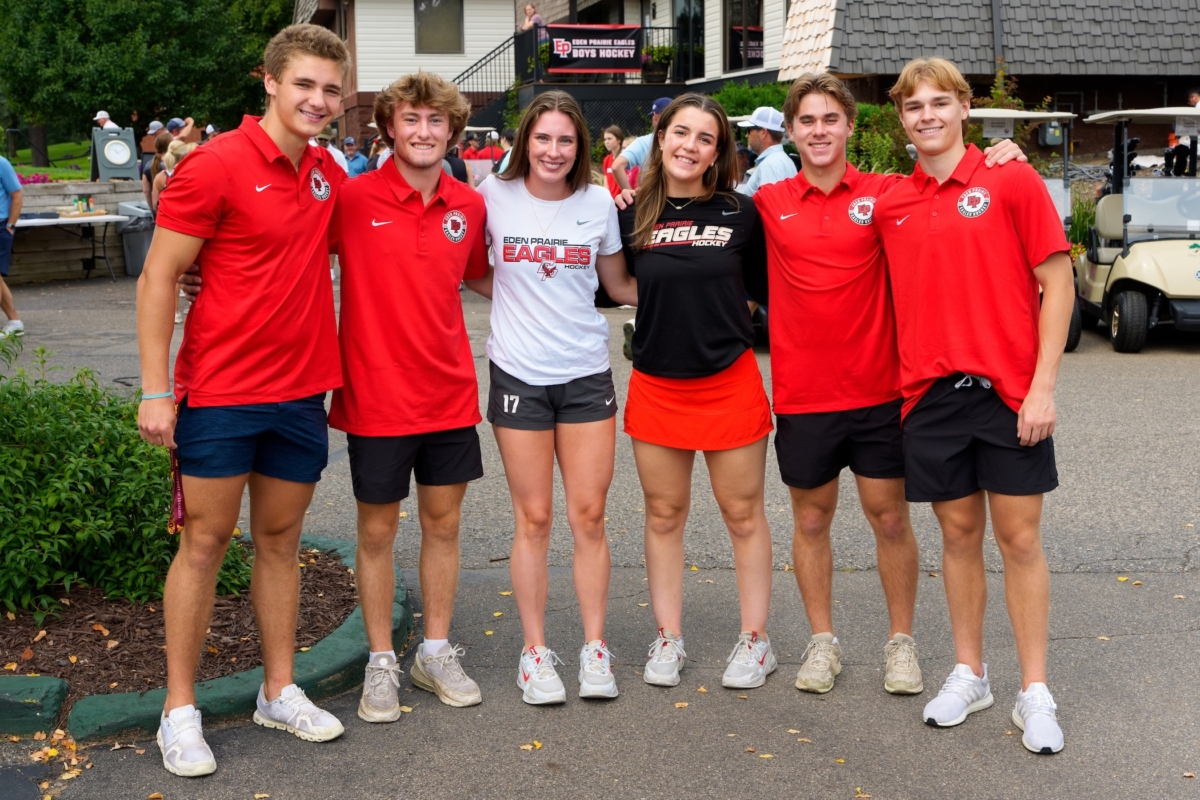Eden Prairie High School boys and girls hockey captains in attendance, all seniors, from left, alternate captain Cole Pitzl, alternate captain Nash Saterdalen, Genevieve Streed, Kate Petrie, captain Bennett Wilmer and captain Cameron Rice. Girls captain Sara David, also a senior, was unable to attend.